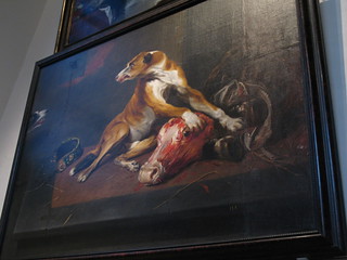 two dogs fighting for cow head