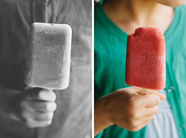 roasted strawberry, orange + pink peppercorn popsicles