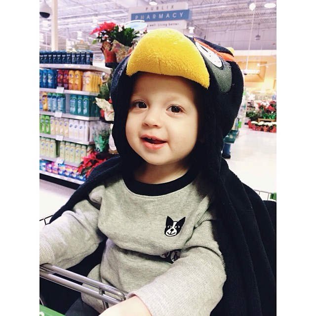 Cutest little #AngryBird ever! When it's 40 degrees out and you need to run into #Publix, you throw a cute hooded angry bird fleece blanket over your #baby to make it quick! He loved it! #pictapgo_app #funnykid #goodtimes #familyvacation #happy