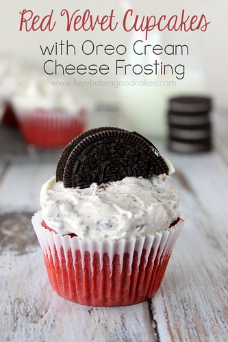 Red Velvet Cupcakes with OREO Cream Cheese Frosting and an OREO cookie close up.