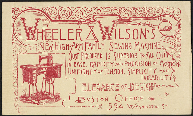 Wheeler & Wilson's new high-arm family sewing machine, just produced. Is superior to all others in ease, rapidity and precision of action. Uniformity of tension, simplicity and durability. Elegance of design. (front)