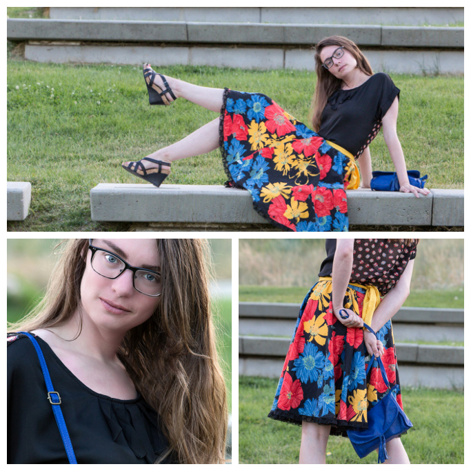 floral skirt, yellow sash, Shakespeare, black top, Tullaire, blue purse, 