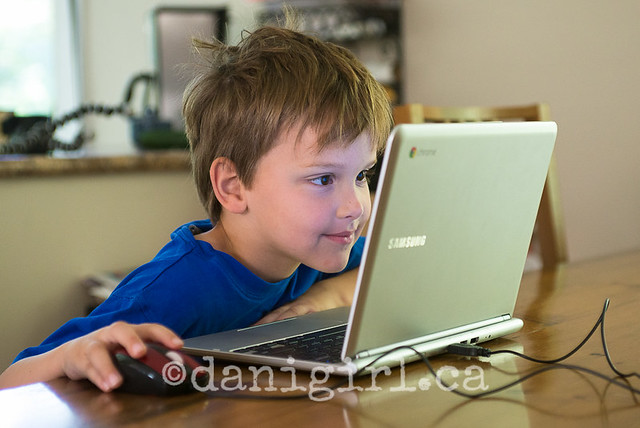 photo of a boy smiling at a laptop
