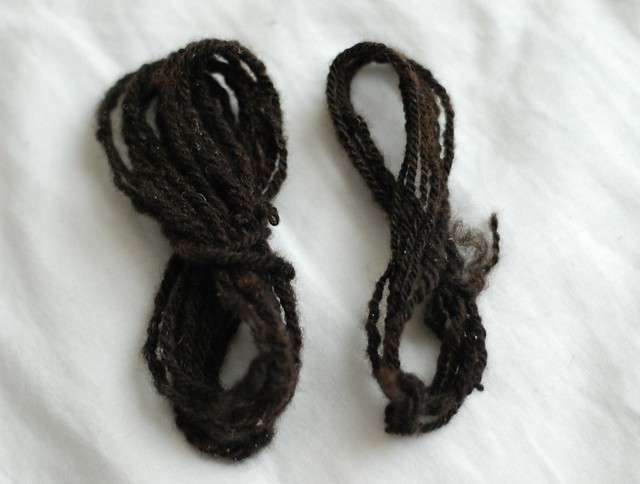 Worsted and woollen spun yarn samples of black Shetland cross fleece