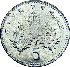 British 2005 5 pence struck on aluminum planchet reverse