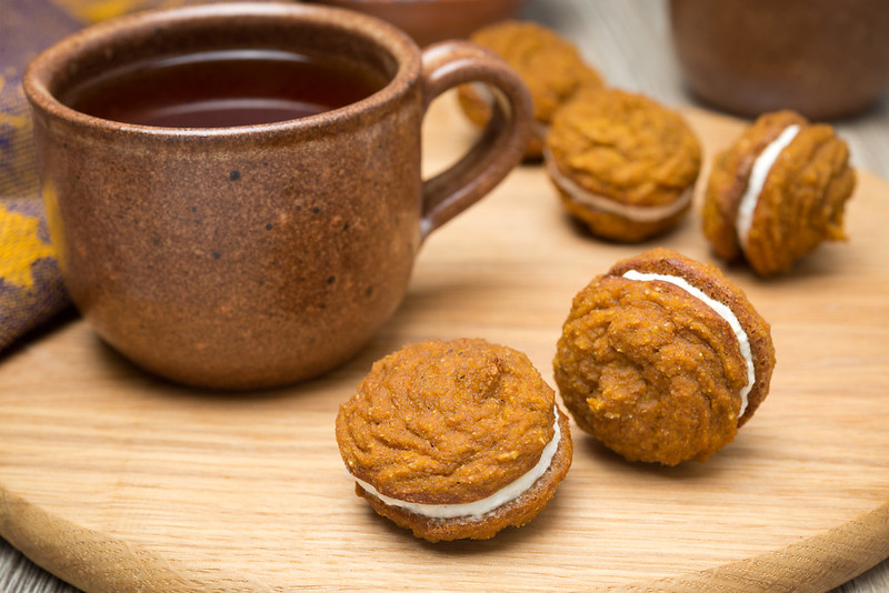   ,   ,  , ,  , pumpkin cookies with filling and cup of tea