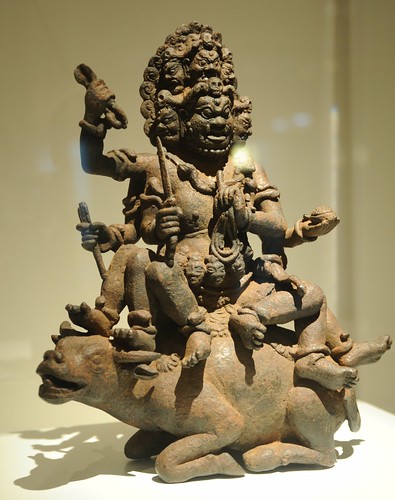 Yamantaka, Fear-Striking Vajra, Lord of Death (Tibetan:  Gshin-rje-gshed), multiheaded, holding vajra, rope, dagger, riding a water buffalo, statue of a guardian, enormous strength, Tibetan Esoteric Buddhism, Art Institute, Chicago, Illinois, USA by Wonderlane