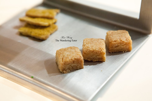 Lower level of petit fours - Salted butter shortbread (thick squares) and Peanut and curry cookies (thin squares in back)