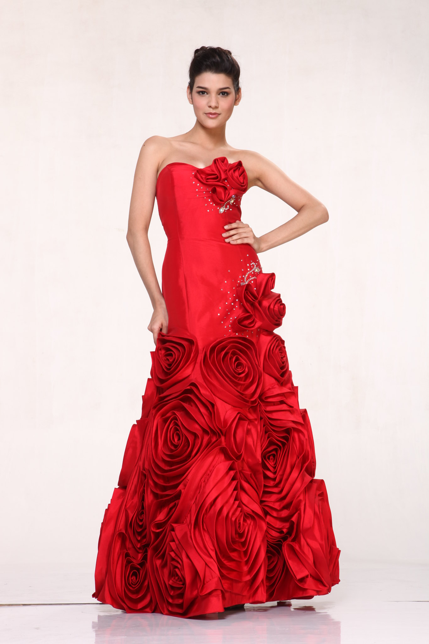 Long Strapless Red Rose Formal Ball Gown Pageant Designer