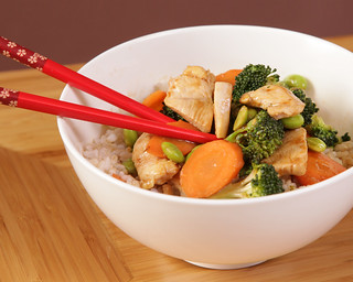 Picture of stirfry in a bowl with chopsticks.