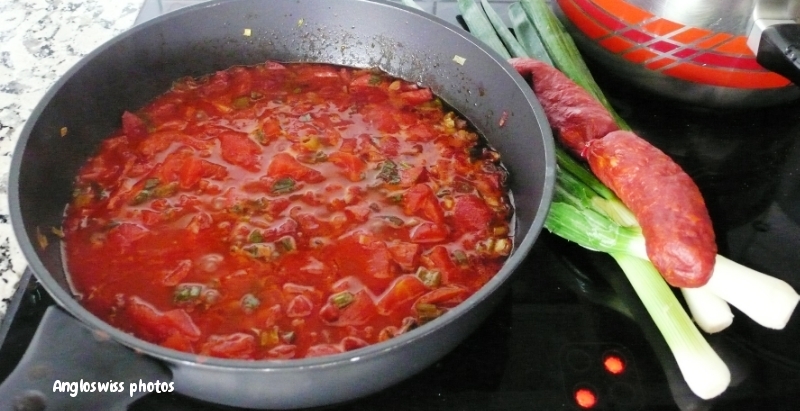 Tomato-chorizo-spring onion sauce with spaghetti