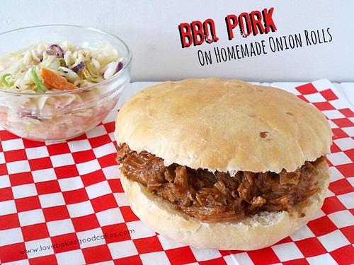 BBQ Pork on Homemade Onion Rolls with coleslaw.