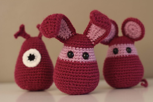 Crocheted alien, rabbit and mouse