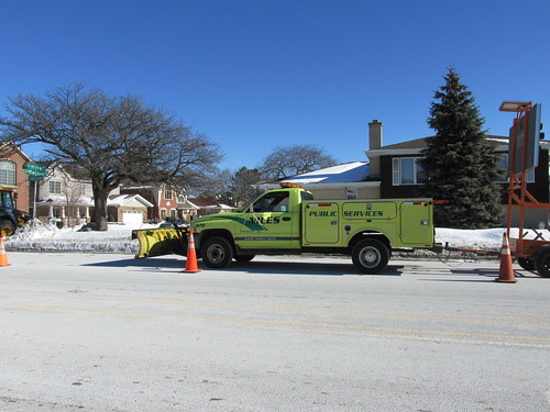 A Niles Public Services Dodge utility truck at the site of a water main break.  Niles Illinois.  Late January 2014. by Eddie from Chicago