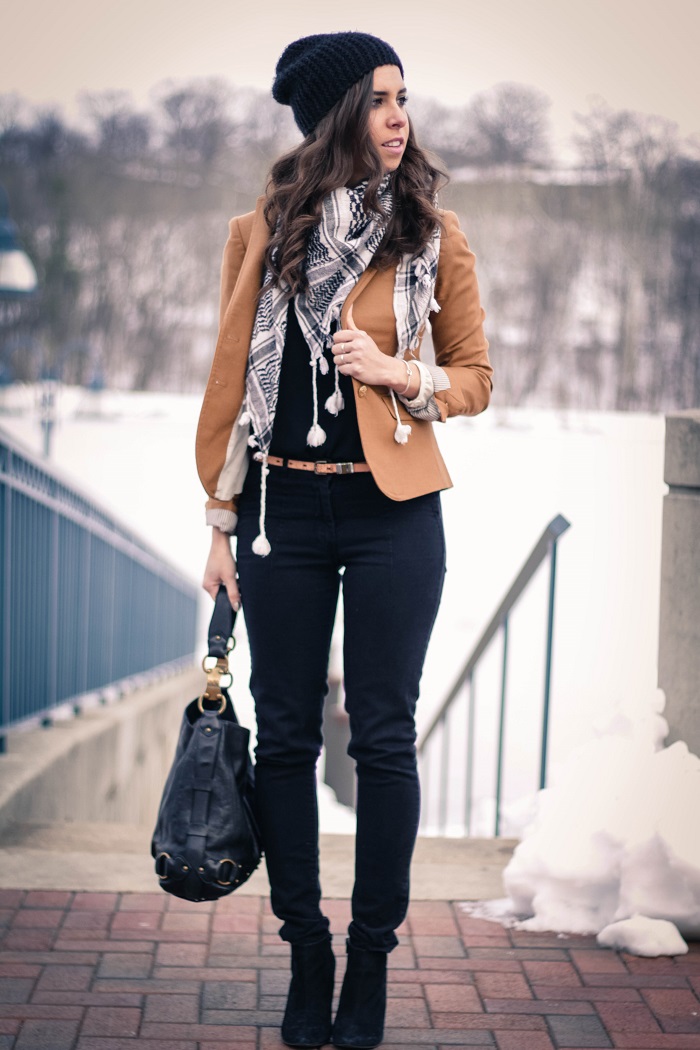va darling. camel blazer. vintage scarf. black pants & beanie. dc blogger. fashion blogger. winder style 2