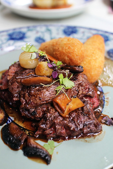 Hanger Steak with Croquettes and Wild Mushrooms