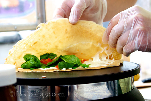 The making of a Tomato, Spinach, and Cheese Crepe at Pgh Crepes Cart
