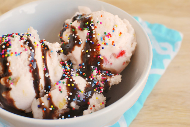 Banana Split Ice Cream - homemade ice cream with banana, marshmallows, pineapple, and maraschino cherries. Top it with chocolate syrup and sprinkles for the perfect banana split treat! 