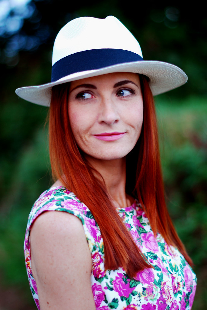 Red hair, Panama hat & pink florals