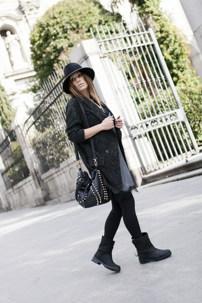 street style barbara crespo grey dots stradivarius dress fashion blogger outfit