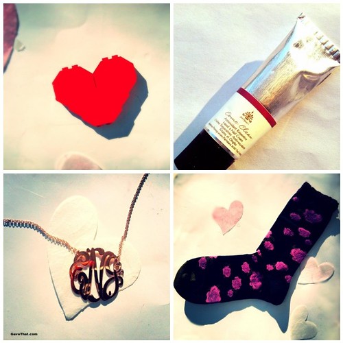 Valentines Day Gift Guide Featuring a DIY Lego heart pin Panpuri hand cream A rose gold monogram necklace by The Purple Mermaid and Gold Toe lacy rose socks