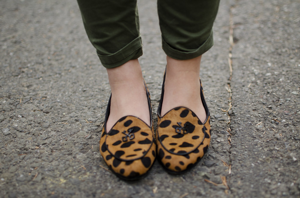 Rebecca Minkoff leopard flat, spotter leopard, calf hair, smoking slipper, gap skinny mini