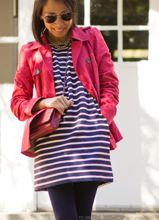 striped dress, red trench