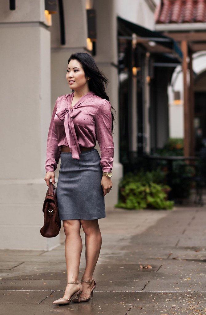 cute & little blog | loft pink polka dot bow tie neck blouse, gray pencil skirt, studded nude heels, outfit #ootd, petite fashion