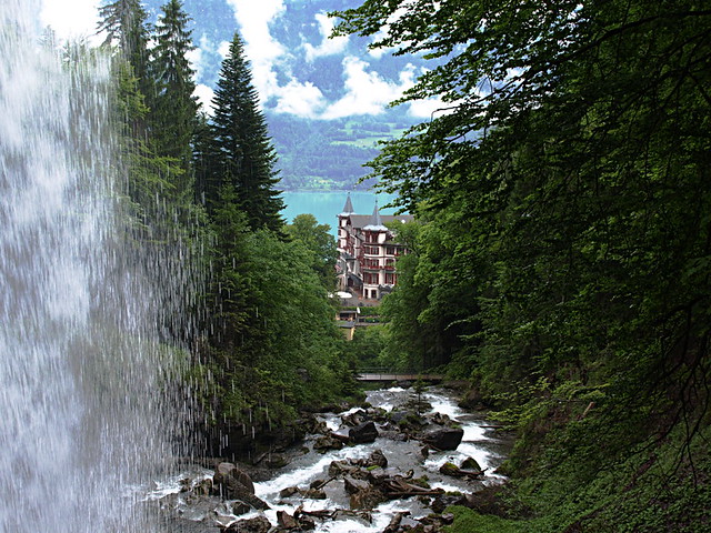 Geissbach Hotel seen through Geissbach Falls, Switzerland