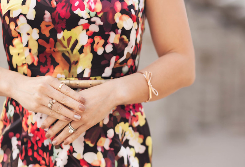 cute & little blog | party outfit | choies garden print dress, gold belt, sole society tierra cap toe heels, bow bracelet