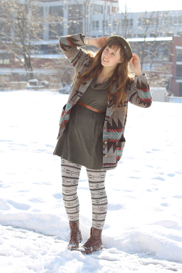 Snow Day Outfit: Anthropologie Alcott dress, fair isle tights, vintage brown leather riding boots, leather belt with pouch, felt Topshop hat, Forever 21 Aztec-print coat