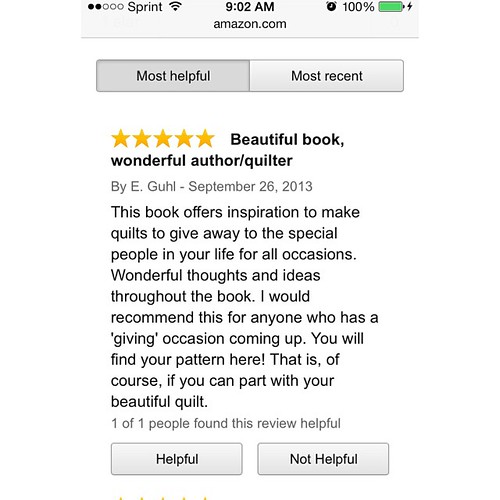 look! it's the very first amazon review of my book, quilts made with love! day = made! i may have watery eyes, but y'all can't prove it. ;) #quiltsmadewithlove