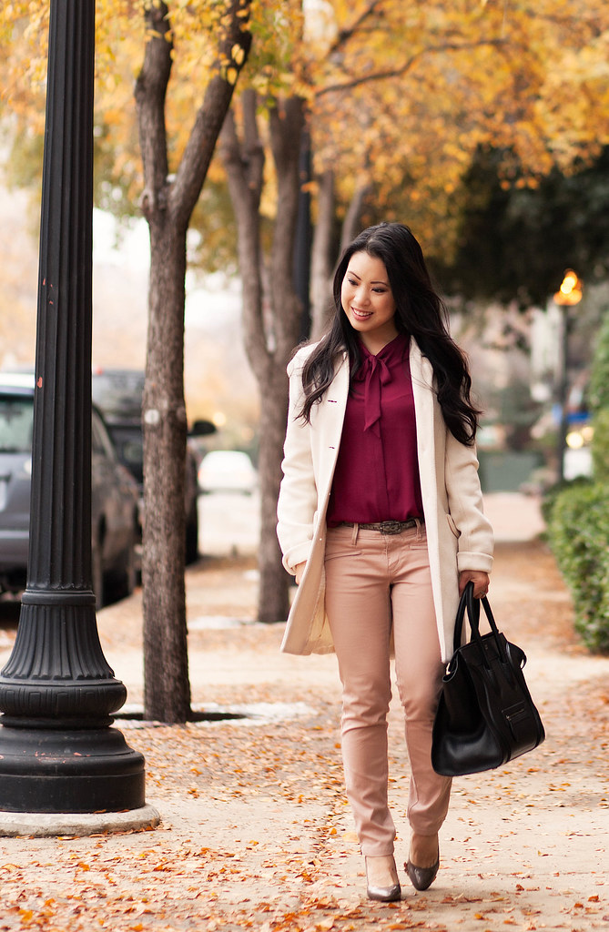 cute & little blog | white coat, red bow blouse, pink moto pants outfit