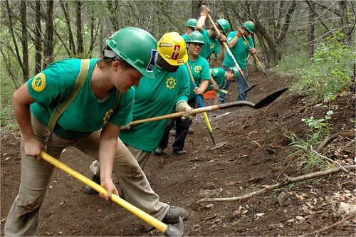 Texas Conservation Corps members building new trail in Texas in partnership with Texas Parks and Wildlife.  Texas Conservation Corps is an AmeriCorps service program of American YouthWorks, a nationally recognized nonprofit and charter high school headquartered in Austin, Texas.  Each year the program engages over 100 diverse youth and college-aged young adults  in critical, hands-on conservation and disaster service projects, giving participants the skills and opportunities to solve real life community and environmental problems.