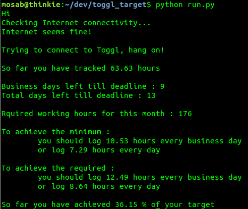 My little open source script Toggl Target in action.