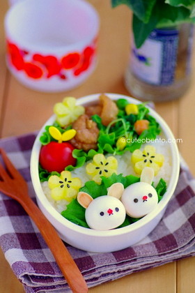 Quail egg bunny and potato flowers bento by luckysundae