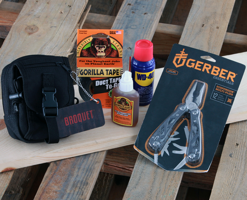 The tactical toolkit: gorilla duct tape, Gerber 12-function multi-tool, WD-40 for and Gorilla Glue