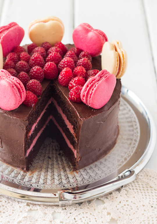 Chocolate Raspberry Layer Cake with Macarons