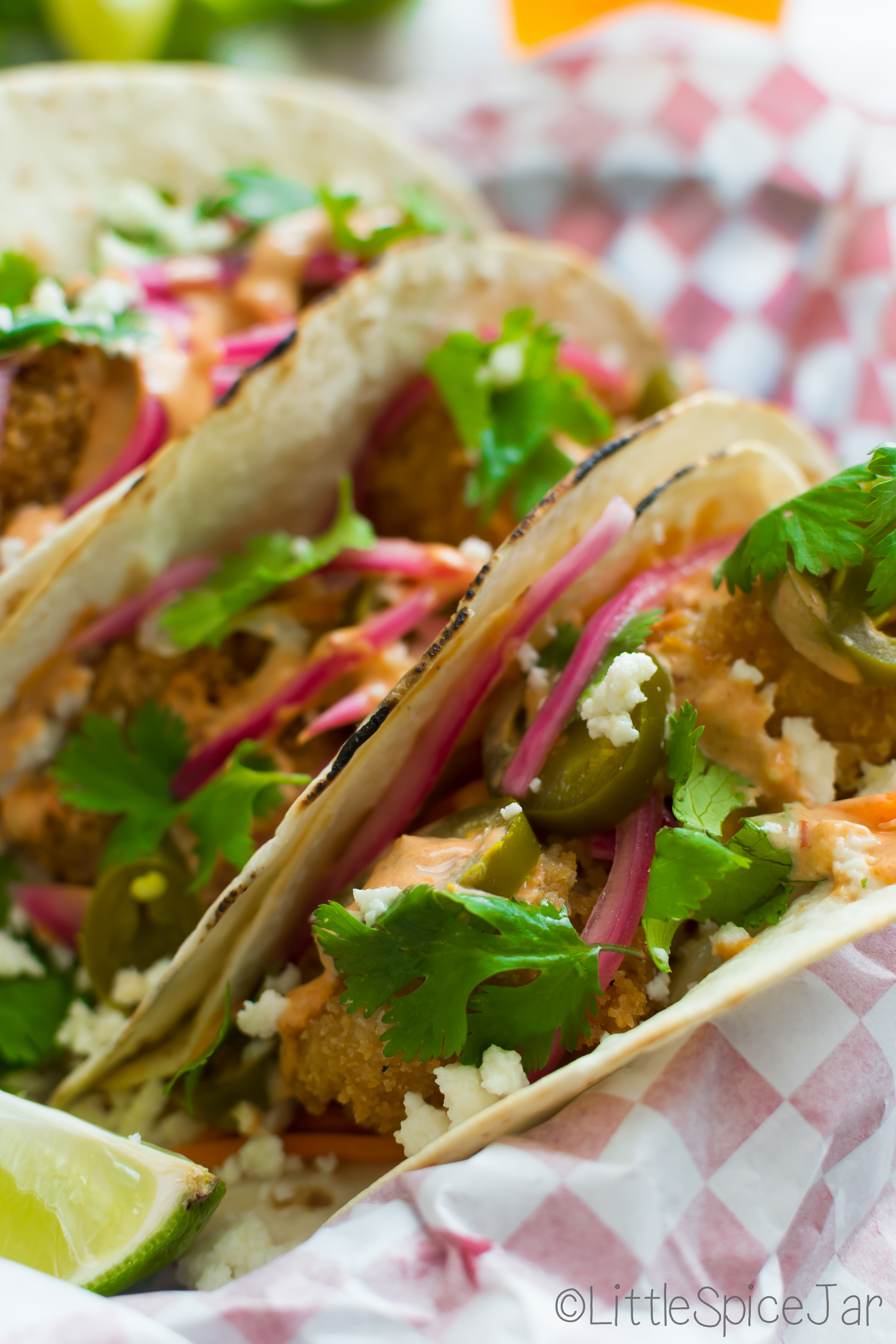 {food truck style} baja shrimp tacos with chipotle mayo