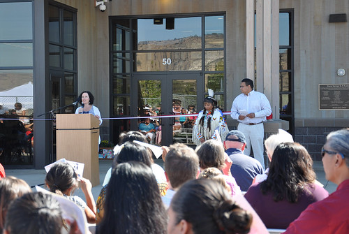 Deputy Secretary Patrice Kunesh congratulates the tribal community at the dedication of the new Warm Springs Academy in Warm Springs, Oregon, last month.
