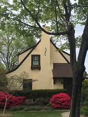 Gabled cottage style house with red azaleas, Albemarle Street NW, Washington, D.C.