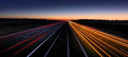 light sunset cars trails headlights northumberland a1