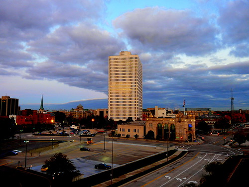 sky building dawn downtown