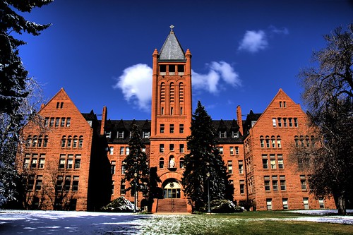 blue trees sky snow building architecture clouds colorado university denver historic hdr greengrass photomatix 200804 teikyolorettoheightsuniversity lorettoheightscollege