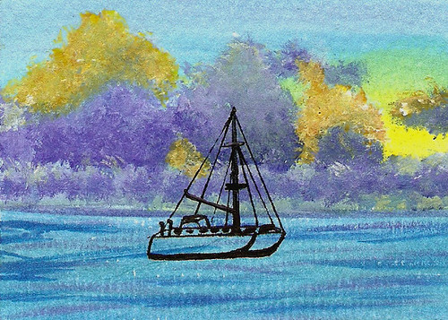 blue sunset sea sky art clouds watercolor painting golden boat acrylic ship drawing aceo