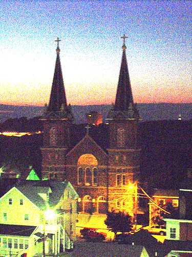 city sunset two sky urban church silhouette photoshop twilight downtown sundown dusk pennsylvania spires pair twin steeple pa grainy lehighvalley lehighuniversity bethlehempa stjosephschurch northamptoncounty
