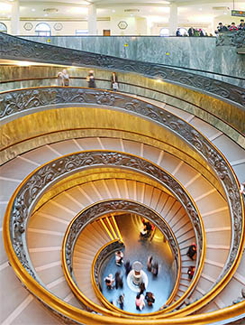 photo stitch of the spiral stairs in the Vatican Museums