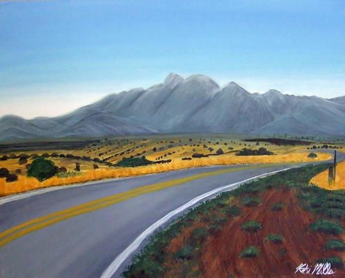 road sky mountains art painting landscape acrylic desert