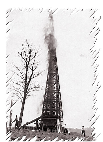 well vintage oil history people rig derrick old wood tree landscape strike bw oilwell skyward gusher petroleum antique wooden tower