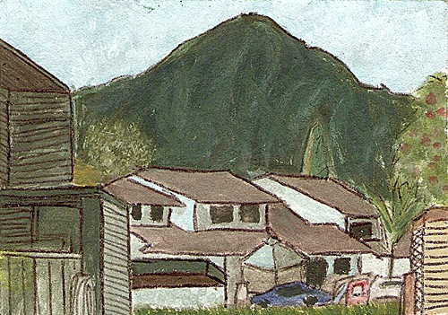 trees houses sky mountain green art buildings painting hawaii acrylic oahu aceo